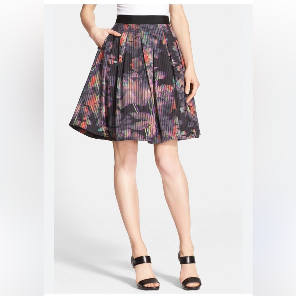 TED BAKER NWT holographic neon floral black fit&flare full skirt midi party XL